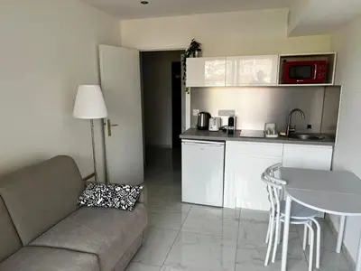 a living room with a couch and a table and a kitchen at Studio neuf centre Cannes 500 m plage in Cannes