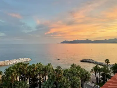 a view of the beach and palm trees at sunset at Beautiful apartment Cannes center terrace parking in Cannes