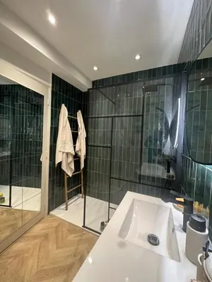 a bathroom with a shower and a white sink at Spacieux et Moderne T2 près du centre in Cannes