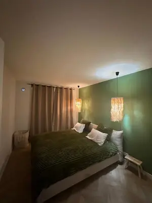 a bedroom with a bed with a green wall at Spacieux et Moderne T2 près du centre in Cannes