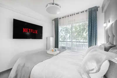 a living room with a white couch and a tv at Suite Ioana - Appartement à Cannes in Cannes