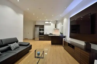 a living room with a couch and a large television at Très bel appartement centre-ville in Cannes