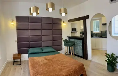 a bedroom with a bed with a brown padded wall at Le petit Carlthon appart in Cannes