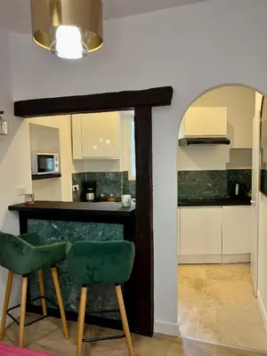 a white sink in a bathroom with black walls at Le petit Carlthon appart in Cannes
