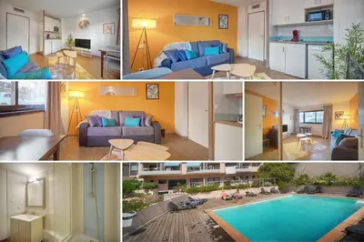 a collage of photos of a living room and a living room at Fil - Piscine - 2 min Mer - VCA in Cannes