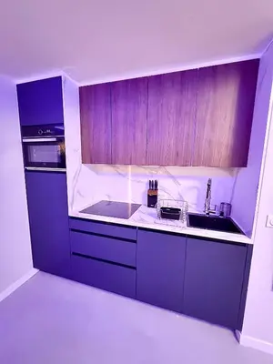 a kitchen with purple cabinets and a sink at Azuria in Cannes