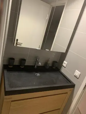 a bathroom with a sink and a mirror at Chante Brise 2 Pieces in Cannes