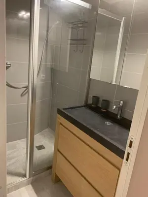 a bathroom with a shower and a sink at Chante Brise 2 Pieces in Cannes