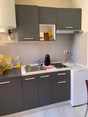 a small kitchen with a sink and a stove at Chante Brise Studio in Cannes