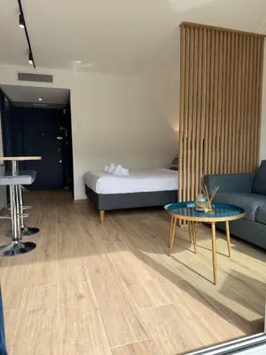 a living room with a couch and a table at Studio Riviera, Centre-ville Cannes, Terrasse, Clim in Cannes