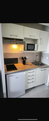 a kitchen with a sink and a microwave at Appartement 4 personnes sea view pool in Cannes