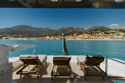 a wooden deck of a boat on the water at Zaffiro Yacht - Festival de la plaisance Cannes 2024 in Cannes