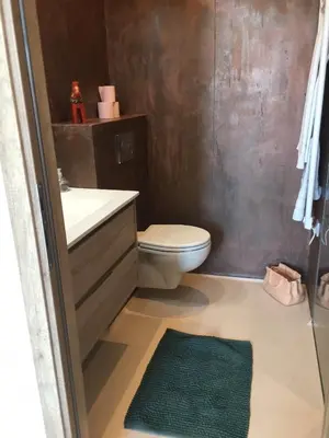 a bathroom with a toilet and a green rug at 3 ROOMS - DOWNTOWN CANNES - 2 MIN FROM PALAIS Festivals in Cannes