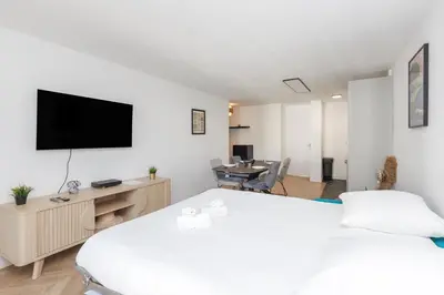 a bedroom with a large bed and a shower at Appartement 3 pièces, parking, 6mn de la Croisette in Cannes