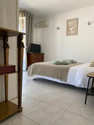 a bedroom with a bed and a television in it at Charming apartment in the centre of Cannes in Cannes