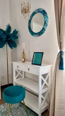 a white desk with a blue chair and a mirror at LB Vacation Rentals I Superieure Room 22m2 - Spacious I Casa d'Azur in Cannes