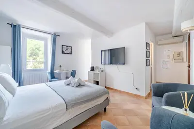 a bedroom with a bed and a tv and a couch at Confortable appartement - Cannes centre le Suquet in Cannes