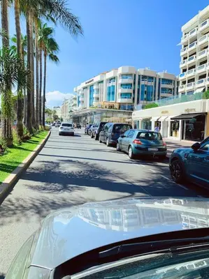 a street with parked cars and palm trees and buildings at CANNES CENTRE proche PLAGE CROISETTE PALAIS DES FESTIVALS in Cannes