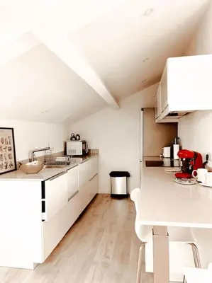 a white kitchen with a sink and a counter at CANNES CENTRE proche PLAGE CROISETTE PALAIS DES FESTIVALS in Cannes