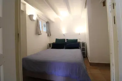 a small bedroom with a bed with blue sheets at Villa Cottage Reine, RC Jardin in Cannes
