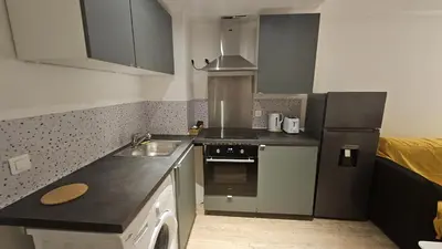 a small kitchen with a sink and a refrigerator at Studio à Cannes La Bocca in Cannes