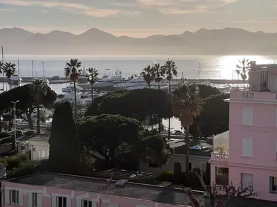a view of a city with palm trees and the ocean at Amazing sea view, parking, easy beach access in Cannes