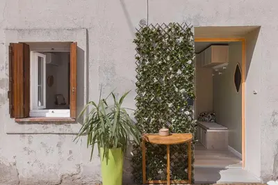 a table with a plant next to a wall with a mirror at Hakuna Matata Cannes - clim, plages, Palais in Cannes