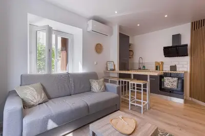 a living room with a couch and a kitchen at Hakuna Matata Cannes - clim, plages, Palais in Cannes