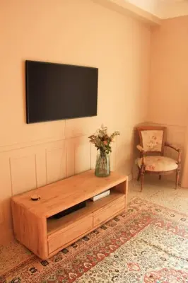 a living room with a television on a wall with a vase of flowers at Appartement Élégant avec Balcon Centre Cannes in Cannes