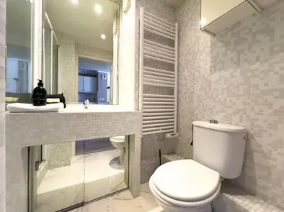 a bathroom with a toilet and a sink and a mirror at Charmant Studio avec terrasse et vue arborée in Cannes