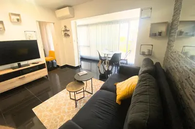 a living room with a couch and a television at Cosy 2 pièces - Palais Croisette Cannes in Cannes