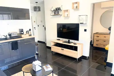 a living room with a flat screen tv on a stand at Cosy 2 pièces - Palais Croisette Cannes in Cannes