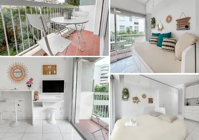 a collage of photos of a living room and a bedroom at Studio lumineux, WIFI à deux pas de la Croisette in Cannes