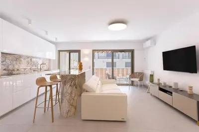 a kitchen and living room with a couch and a tv at 7 Pradignac Full 3bdrs by Halldis in Cannes