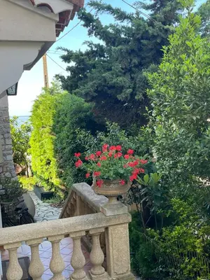 a vase with red flowers on a stone railing at Villa Tricia Cannes in Cannes
