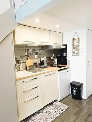 a kitchen with white cabinets and a sink at le cosy de carole in Cannes