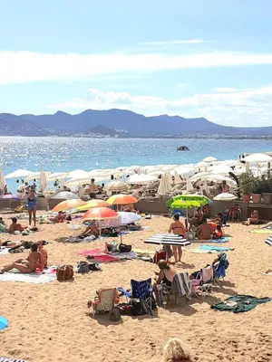 a group of people sitting on a beach with umbrellas at le cosy de carole in Cannes