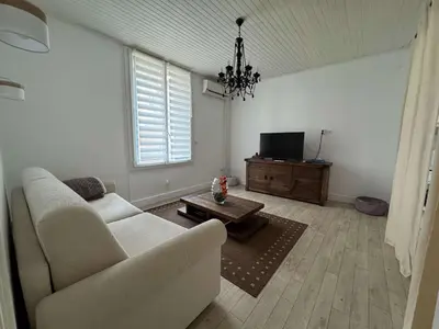 a living room with a couch and a tv at C090 Appartement confortable proche du Suquet et du Palais des festivals in Cannes