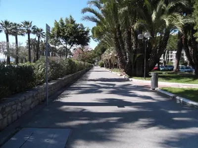 an empty street with palm trees and a sidewalk at Le Petit Magellan by Welcome to Cannes in Cannes