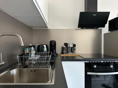 a kitchen with a sink and a dish drying rack at Appartement cosy à 2 pas de la Croisette in Cannes