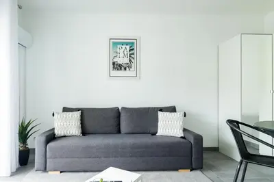 a grey couch in a living room with a picture on the wall at Appartement cosy à 2 pas de la Croisette in Cannes