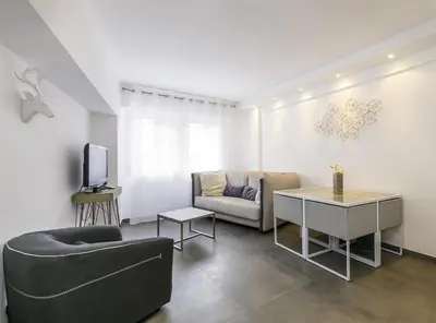 a living room with a couch and a tv at Superbe T2 lumineux dans le centre CIO1899 in Cannes