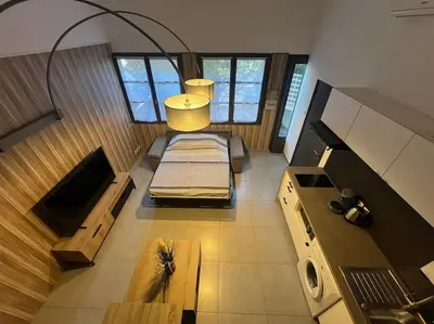 an overhead view of a room with a bed and a table at Cannes, Loft 6 couchages proche centre et plages in Cannes
