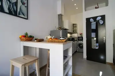 a kitchen with a counter and a refrigerator at Le Borniol ! Idéal ! Congrès! Central! lumineux! in Cannes