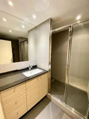 a bathroom with a shower and a sink at Elegant studio MEN5335 in Cannes