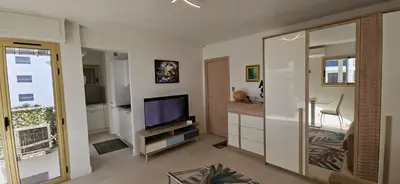 a living room with a television and a sliding glass door at L'Hippocampe du Palm Beach in Cannes