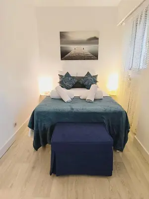a bedroom with a bed with a blue comforter at Le 66 Carnot in Cannes