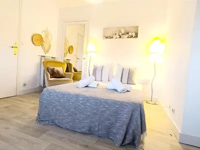 a bedroom with a large bed with two pillows at Le 66 Carnot in Cannes