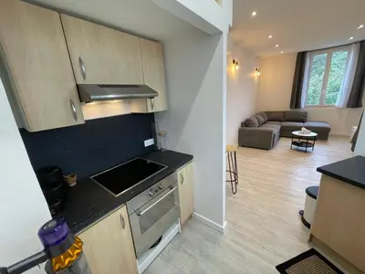 a kitchen and a living room with a couch at 2 pièces au calme in Cannes