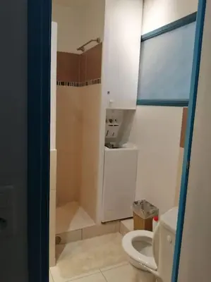 a small bathroom with a toilet and a shower at Charmant studio près de la mer in Cannes